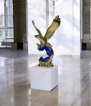 Decorative Eagle Statue -Crystal  Gold Brass and White Marble or Alabaster Base